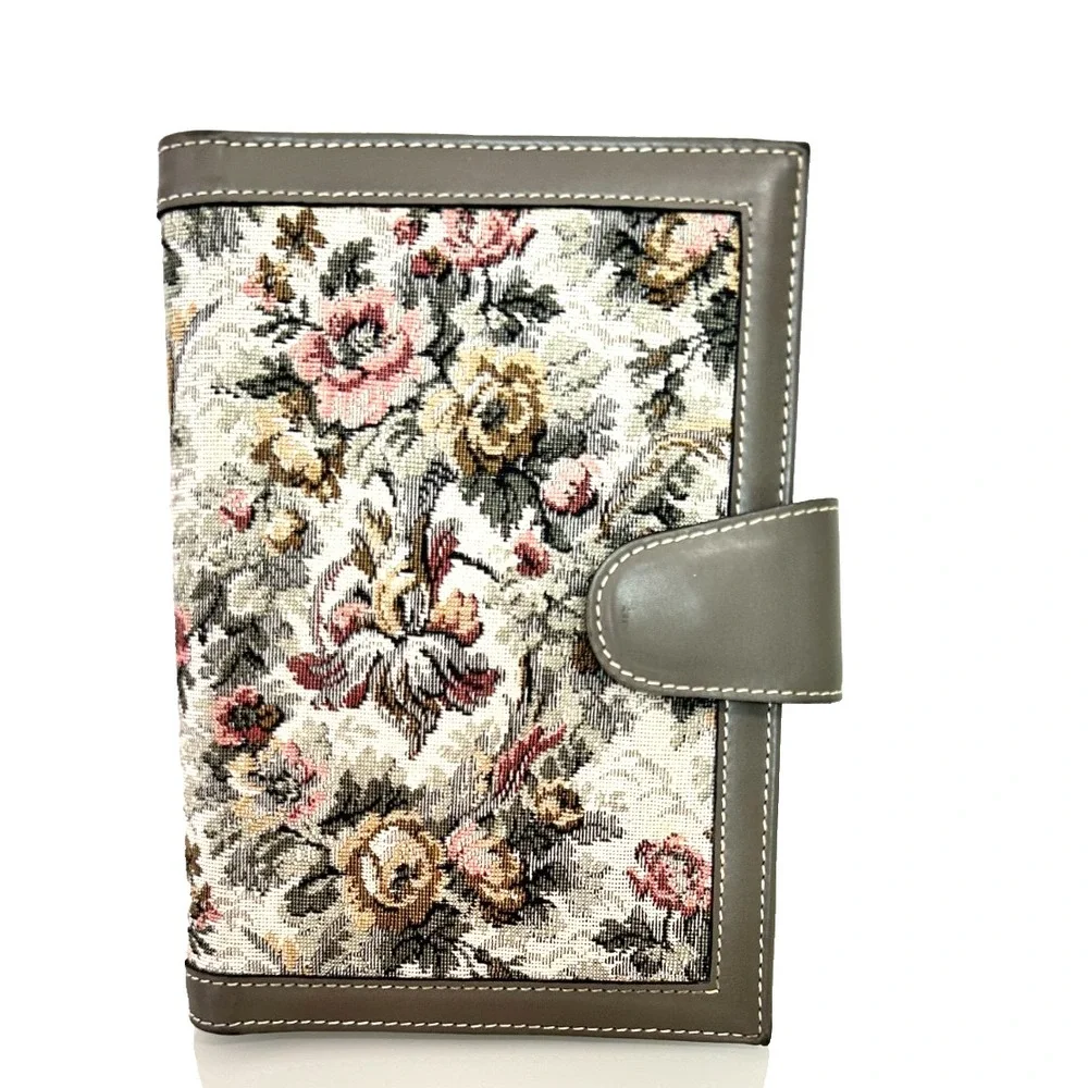Vtg Floral Tapestry Bible Cover Book Jacket Case Travel Organizer 6x9 Grey EUC